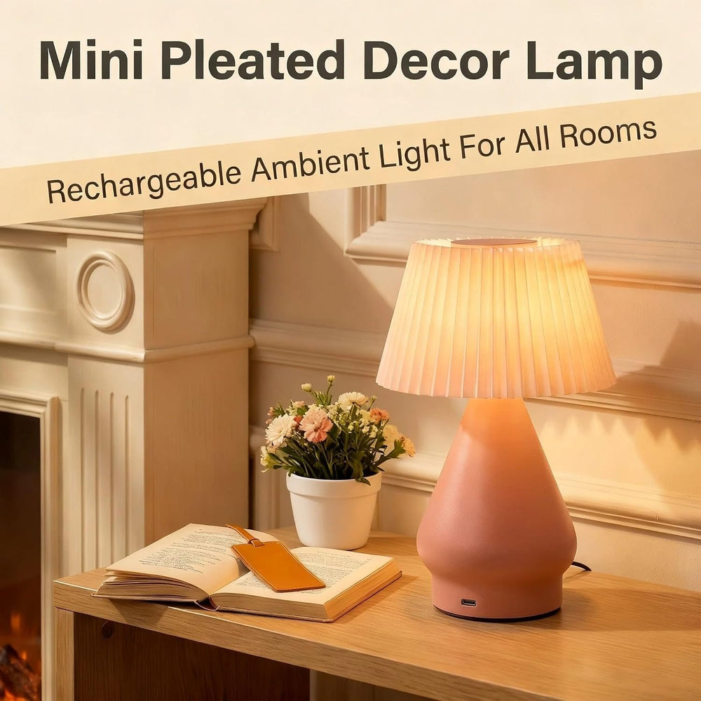 Cordless Rechargeable Small Pink Bedside Touch Table Lamp,Pleated Shade