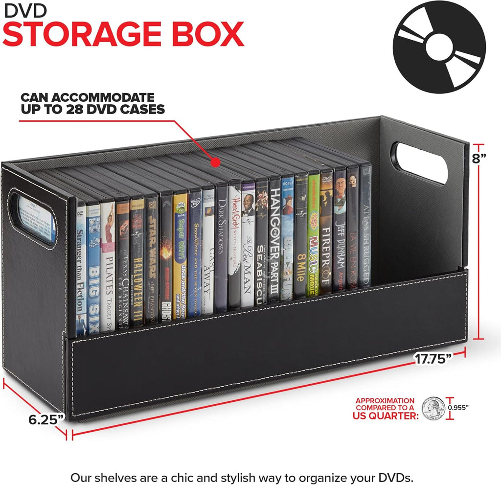 Stock Your Home DVD Storage Box, Movie Shelf Organizer for Blu-Ray, Video Game Cases, CDs, VHS Tape Display Stand, Disc Holder Can Store Up to 28 DVDs, Faux Leather (Black) 2 Pack