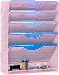 6 Tier Hanging File Organizer, Mesh Wall File Holder Paper Folder Rack with Bottom Flat Tray for Office Home, Pink