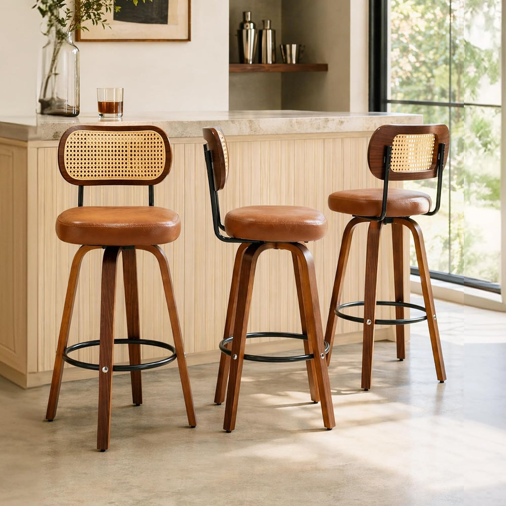 Rattan Bar Stools Set of 2,Upholstered PU Leather, 30''Counter Height...