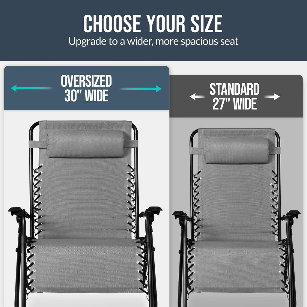 Best Choice Products Set of 2 Extra Wide Adjustable Steel Mesh Zero Gravity Lounge Chair Recliners w/Pillows and Cup Holder Trays - Ice Gray
