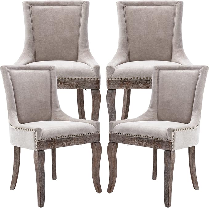 Dining Chairs Set of 4, Kitchen & Dining Room Chairs, Fabric Upholstered Dinning Chairs, Sillas De Comedor, Nailhead Trim, Wood Legs (Beige, 4 Pcs)