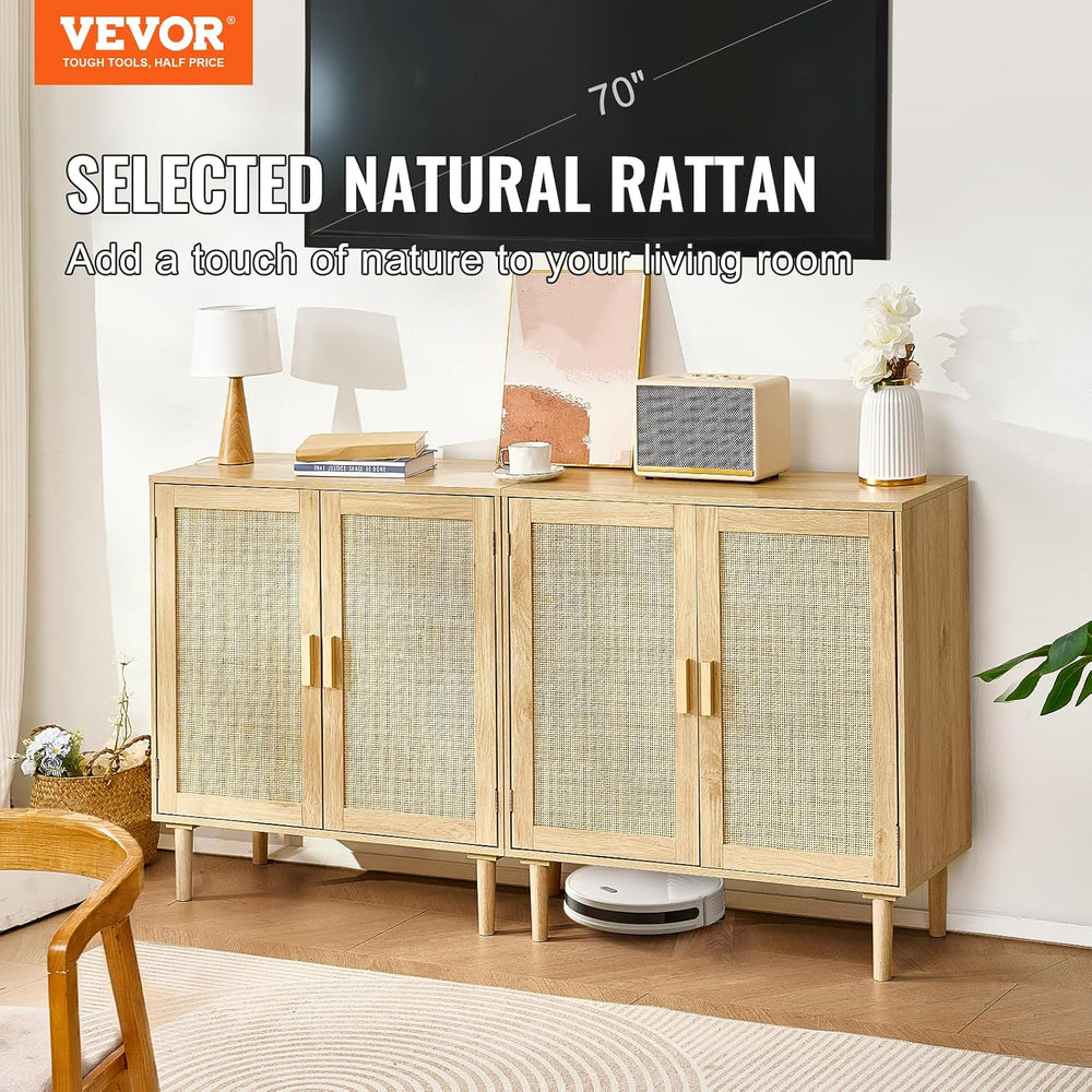 VEVOR Rattan Buffet Cabinet with Storage, 4 Magnetic Doors and Adjustable She...
