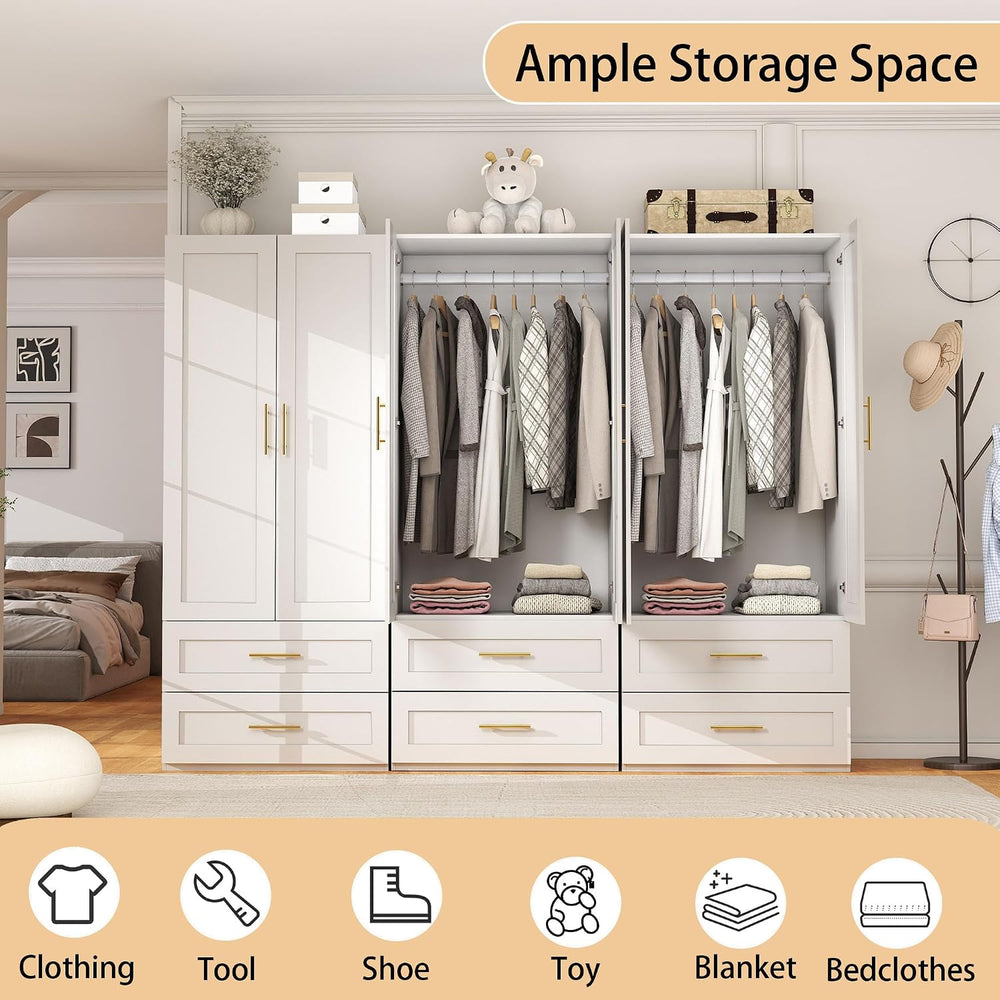 White Wardrobe with 6 Doors and 6 Drawers, 75" Tall x 95" Wide