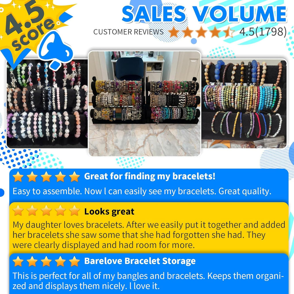 Barelove Velvet Bracelet Holder with 3 Tier Rack, Black T-Bar Storage Organizer Detachable Display Stand for Necklace Watch Bangles Bracelets Scrunchies Organization Showcase