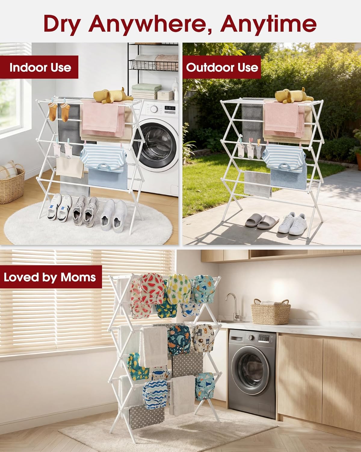 Sakugi Foldable Clothes Drying Rack – Metal Laundry Drying Rack with Non-Slip Feet, 3-Tier Space-Saving Clothing Rack for Organization, Indoor & Outdoor Use, 11.4" D x 29.1" W x 37.4" H, White