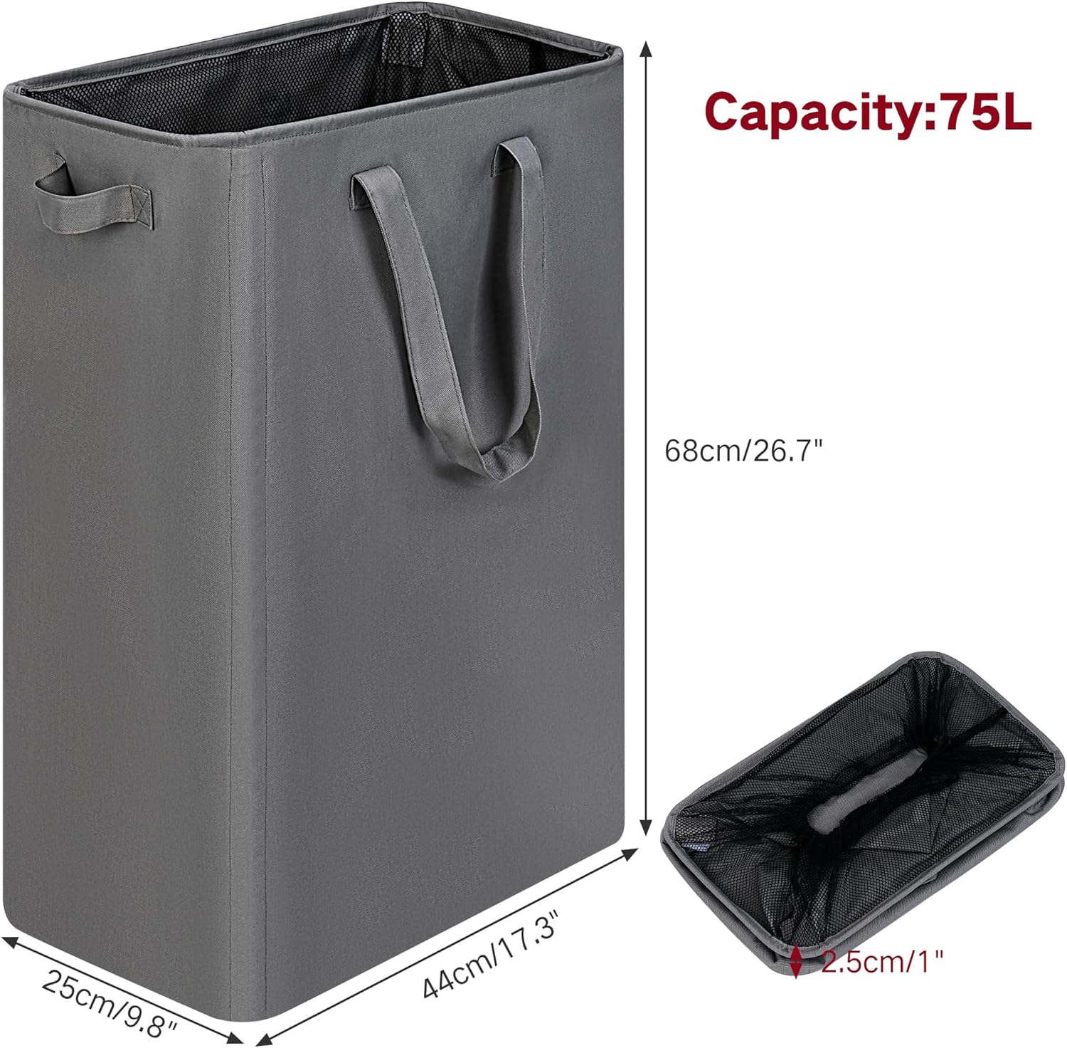 efluky Slim Laundry Basket, Narrow Laundry Hamper with Handles, Collapsible Dirty Clothes Hamper, Tall Laundry Bin for Laundry Room, Dorm and Bedroom, 19.8 Gallon (75L) Grey