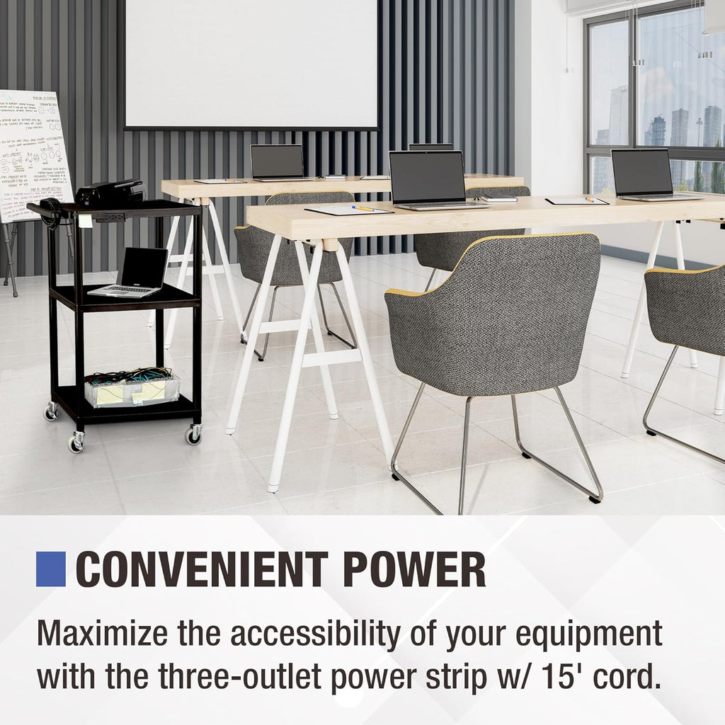 Norwood Commercial Furniture Mobile Utility AV Cart with Power Strip and Casters, Rolling Presentation and Media Cart on Wheels, Black