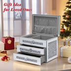 Mirrored Jewelry Box, 3-Layer Glass Jewelry Organizer with Lid & 2 Drawers, Silver Crushed Diamond Home Decor, Fancy Gift for Her (9.3" L x 6.3" W x 7.1" H)