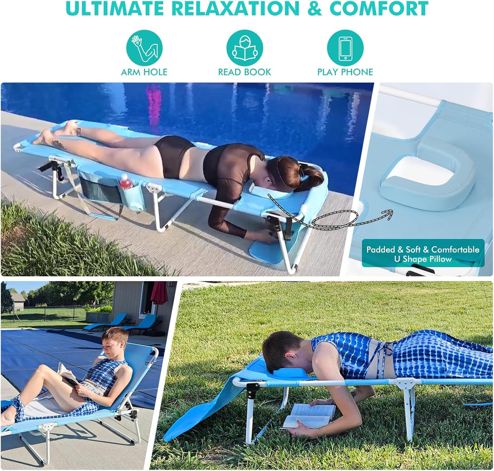 Tanning Chair with Umbrella UPF 50+ Adjustable, Heavy Duty Folding Chaise Lou...