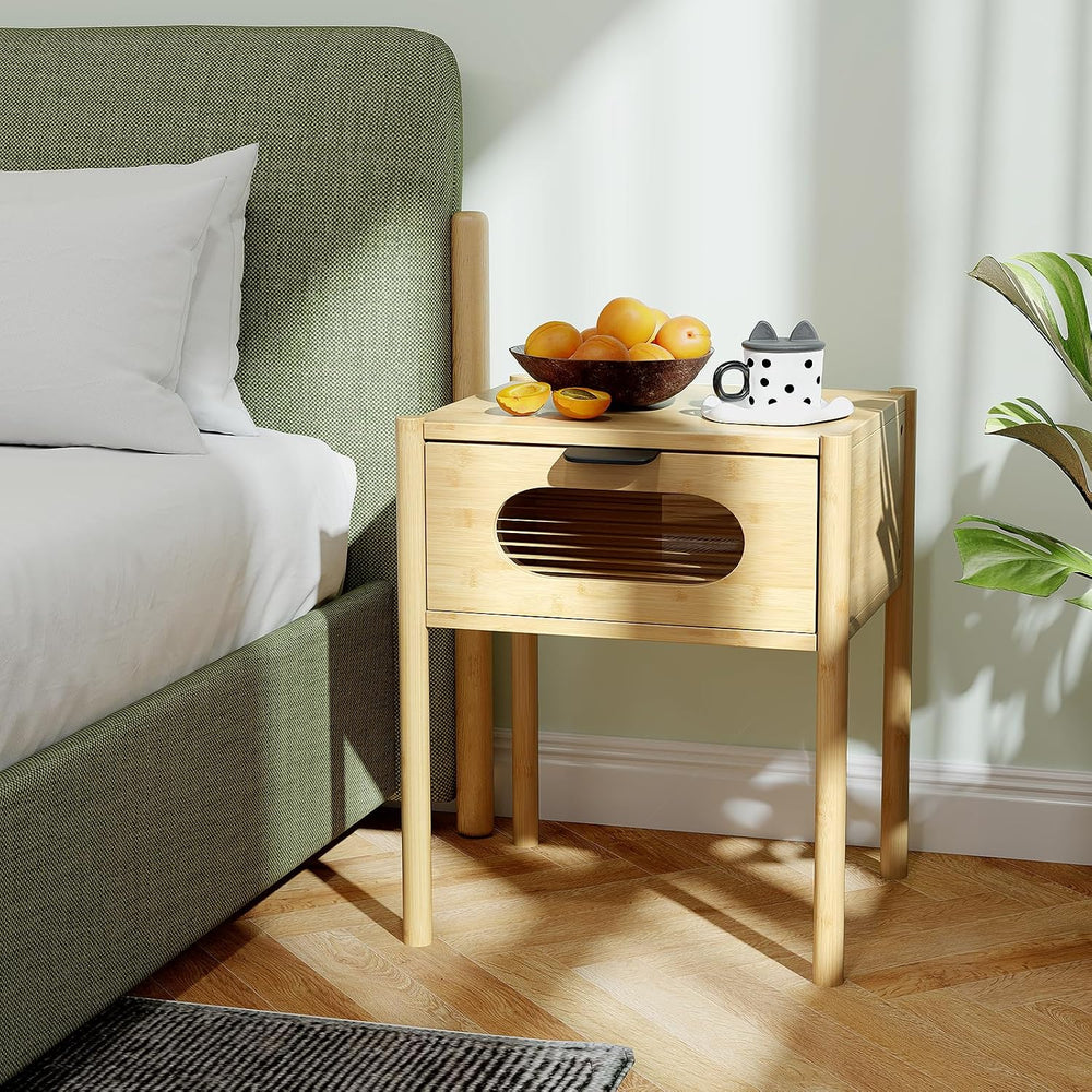 Giantex Bamboo Nightstand Set of 2, Mid Century Modern Bedside Table with Tem...