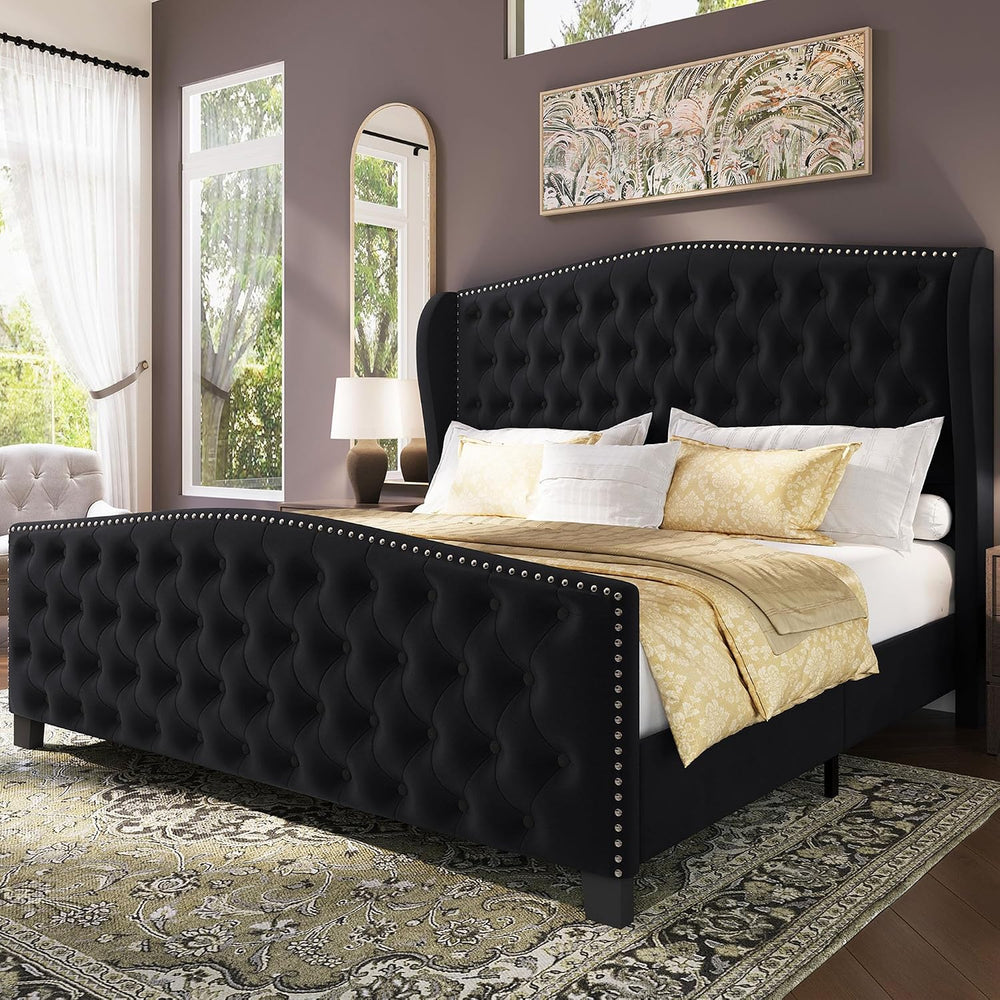 BRELTAM Upholstered King Size Bed Frame Velvet Black Tufted Platform Bed Fram...