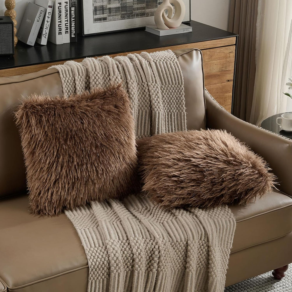 FUTEI Pack of 2 Faux Wool Throw Pillow Covers 18x18 Inch, Dark Brown