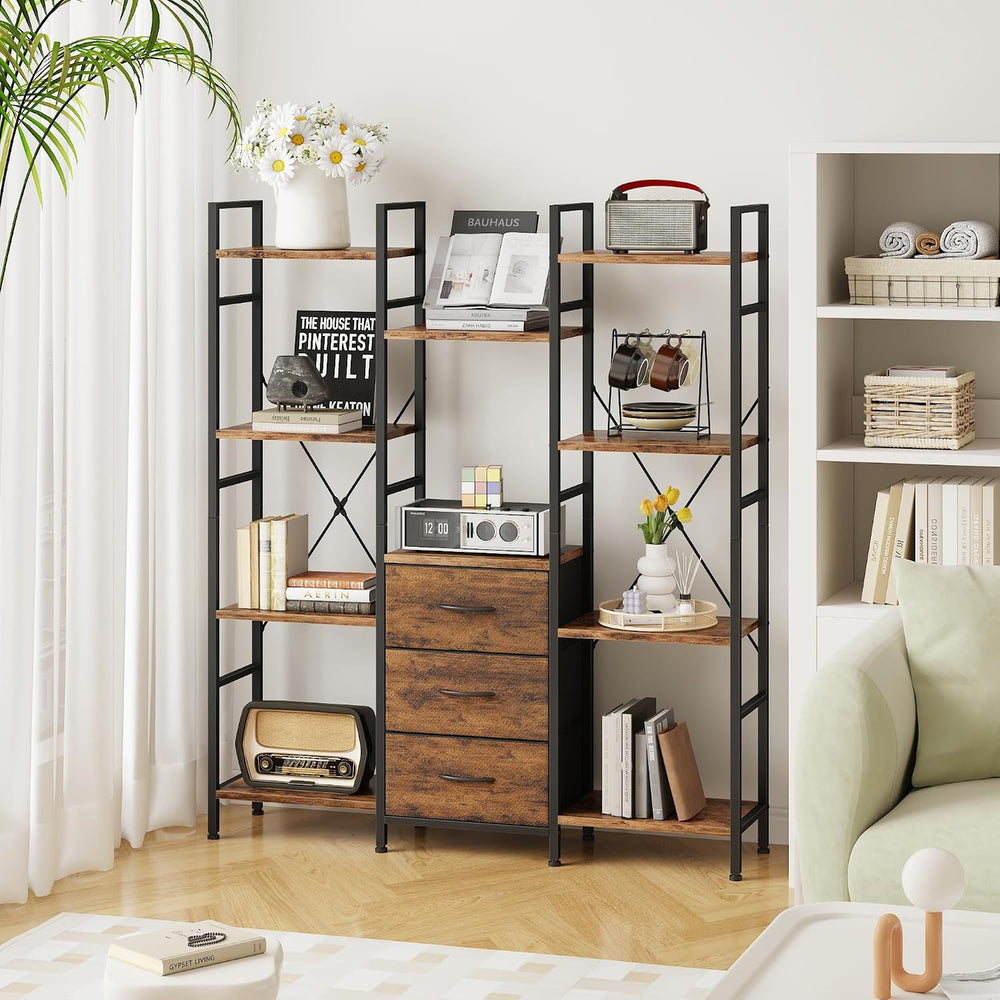AFLUI Triple Bookshelf with 3 Fabric Drawers, 4-Tier Book Shelf and 10 Displa...