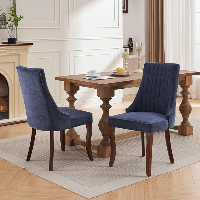 Linen Dining Chairs Set of 2,Comfy Fabric Upholstered Accent Chairs for Kitchen Living Room,Channel Tufted Dining Room Chairs with Curved Solid Wood Legs(Blue)