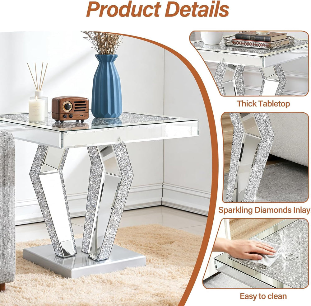 Silver Mirrored End Table with Crystal Inlay, Modern Side Table Accent Table,...