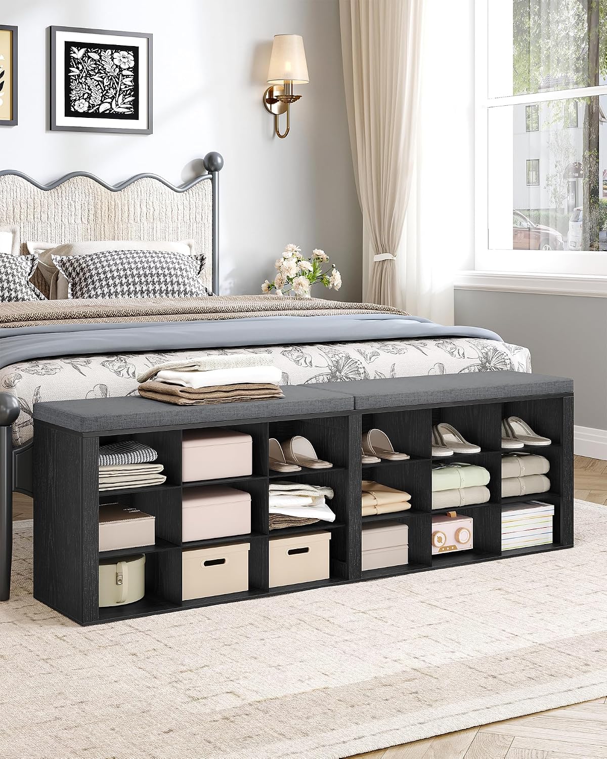 Hzuaneri Shoe Storage Bench with Cushion, Entryway Storage Bench with 18 Cubbies, 9.5" Widened Organizer Cabinet, Long Cubby Rack for Living Room, Bedroom, Entryway, Black SB25704GY | 9.5" Widened Organizer Cabinet, large Cubby Shoe Rack for Living Room