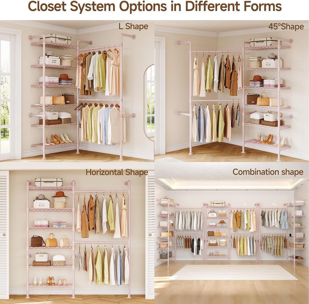 L2 Wall Mounted Closet System, Industrial Pipe Clothing Rack, Pink | Metal Cl...