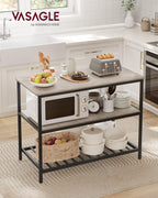 VASAGLE Kitchen Island with 3 Shelves, 47.2 Inches Width Kitchen Shelf with Large Worktop, Stable Steel Structure, Industrial, Easy to Assemble, Greige and Black UKKI001B02