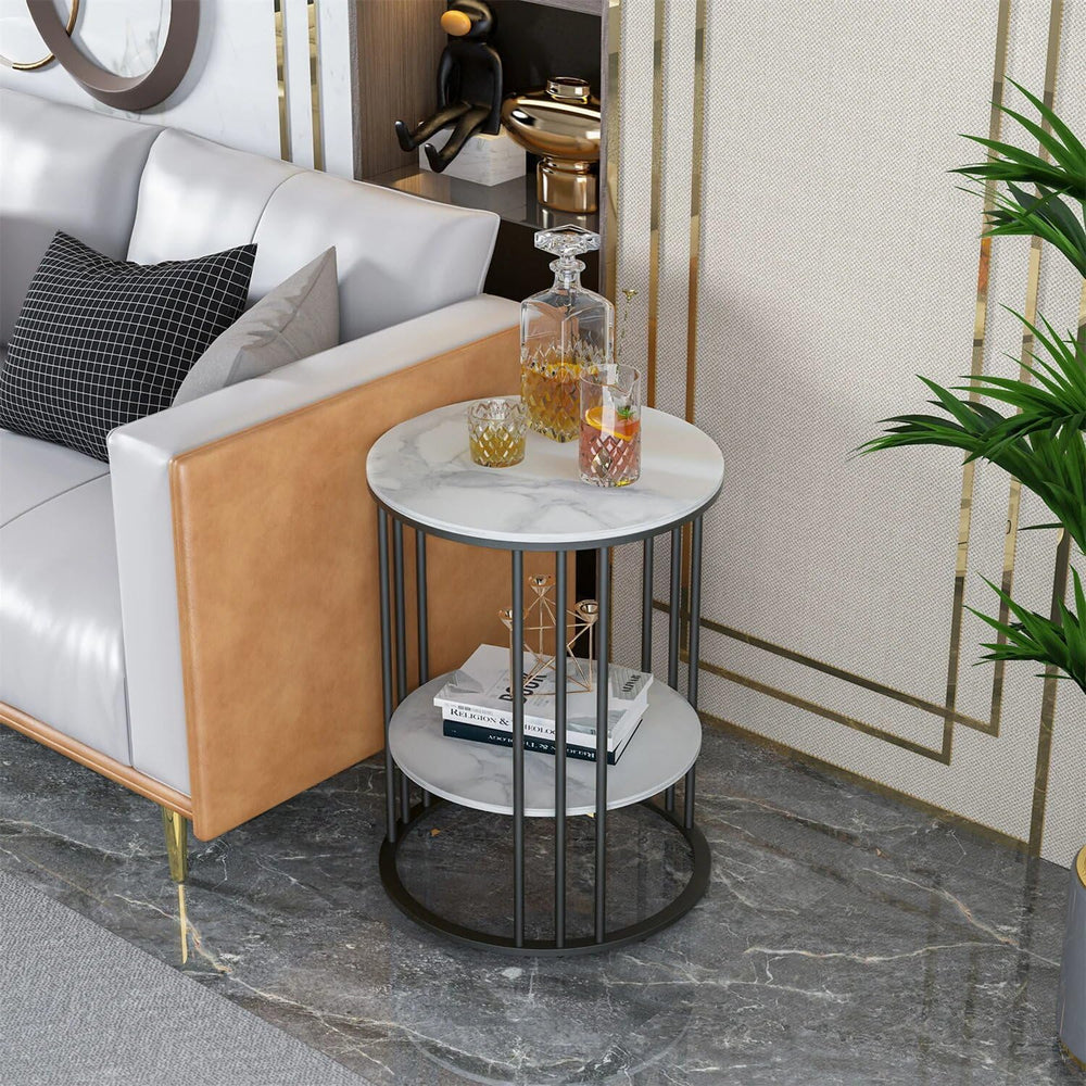 15.7Wx15.7Dx21.3H inch 2-Tier White Marble Side Table Round Coffee Table Nigh...