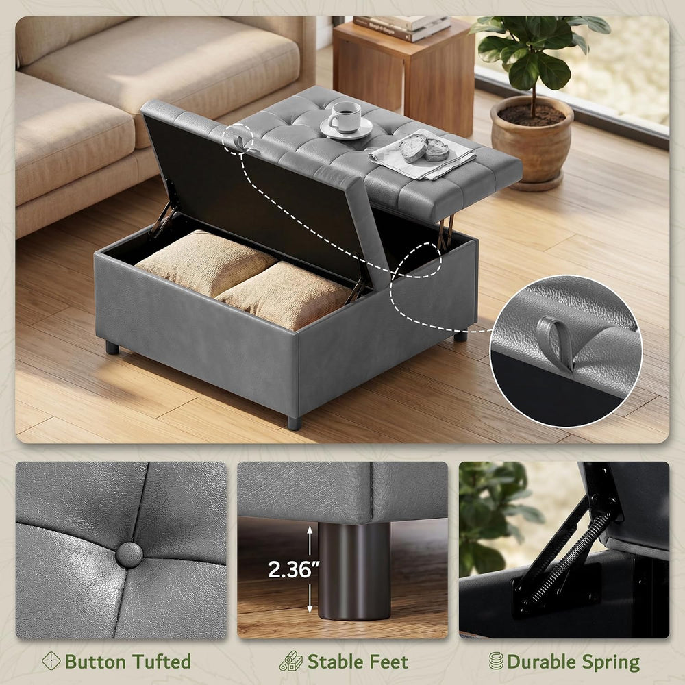 LINLUX Grey Leather 36 Inch Square Large Living Room Lift Top Ottoma | LINLUX...