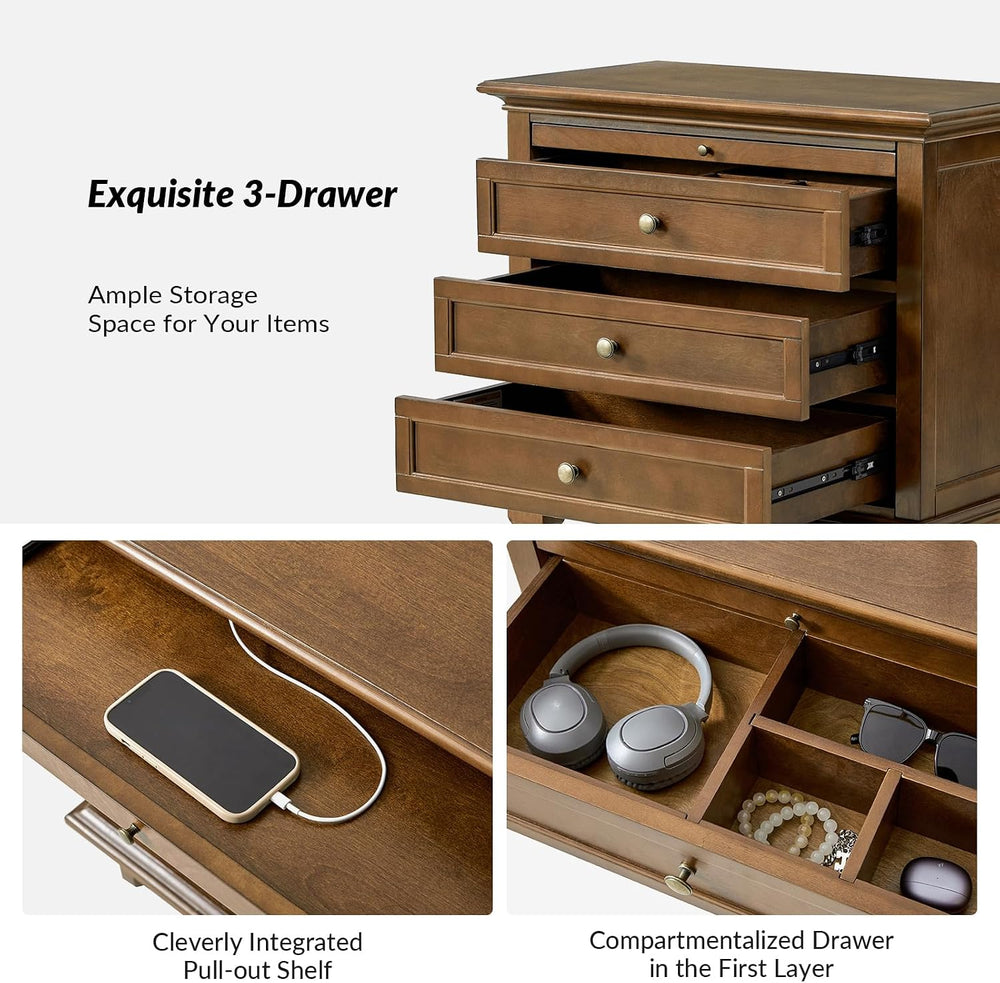 HULALA HOME Farmhouse 3 Drawer End Table with Charging Station, Walnut