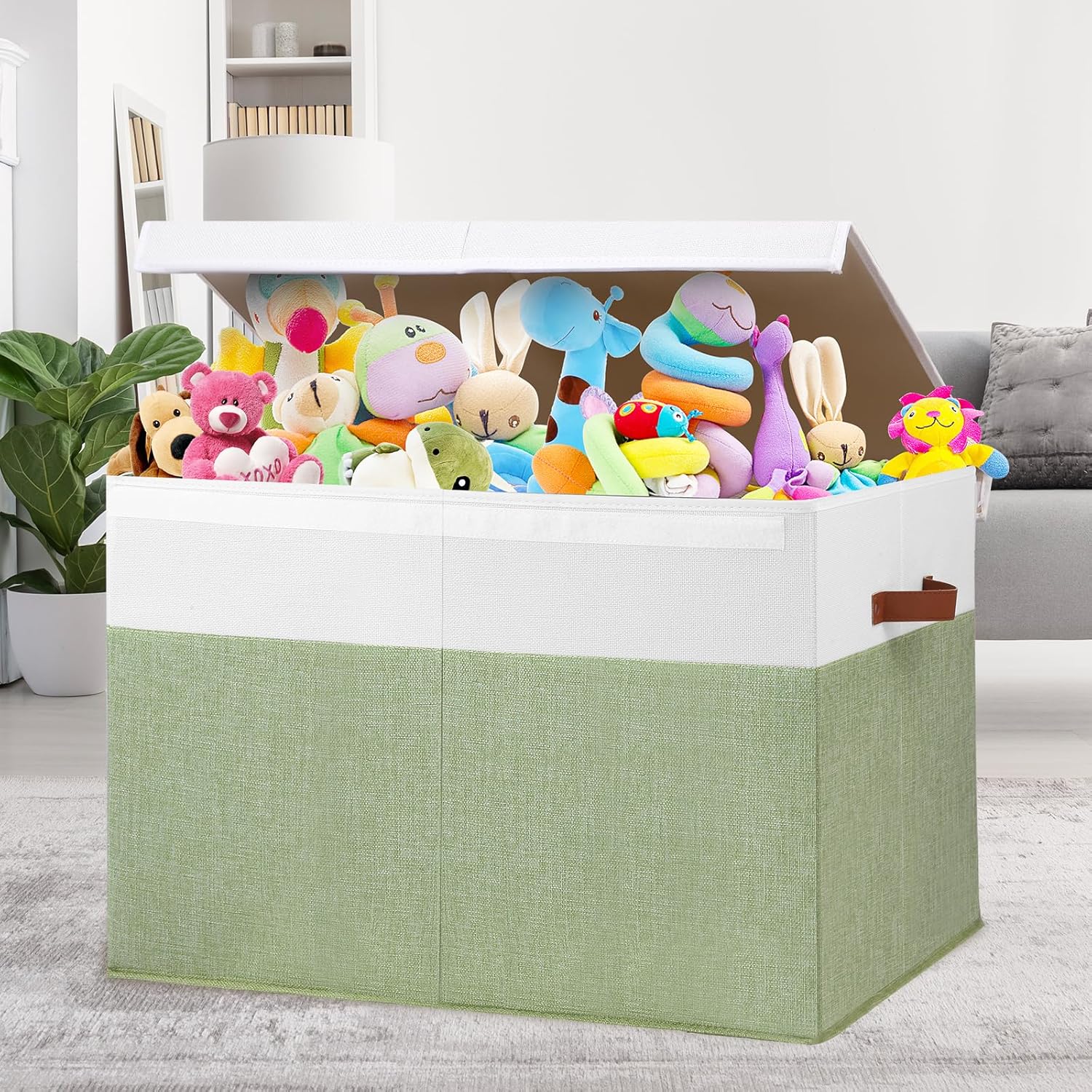 Large Toy Storage Box with Lid, Sturdy Toys Storage Chest Bin Organizer Basket with Dividers for Kids, Boys, Girls, Nursery, Closet, Bedroom, Playroom 26"x17" x17" (Green and White)