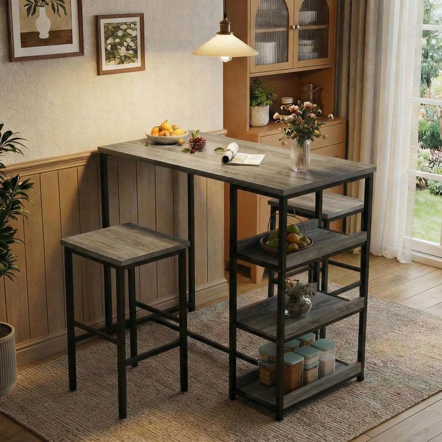 GarveeHome Dining Table Set for 2, Wood Table with Bar Stools | Kitchen Table with Storage Shelves for Small Spaces, Apartments, Condos, Grey