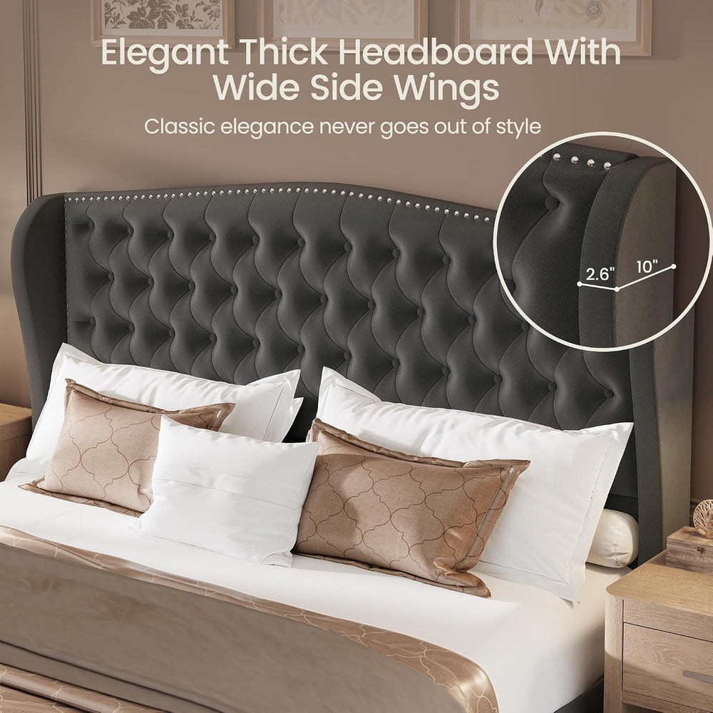 LARMACE King Size Bed Frame Velvet Upholstered Platform Bed with Wingback Hea...
