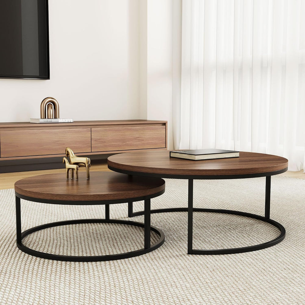 31.5" Round Coffee Table Set of 2, Nesting Cocktail End Tables | Small I...