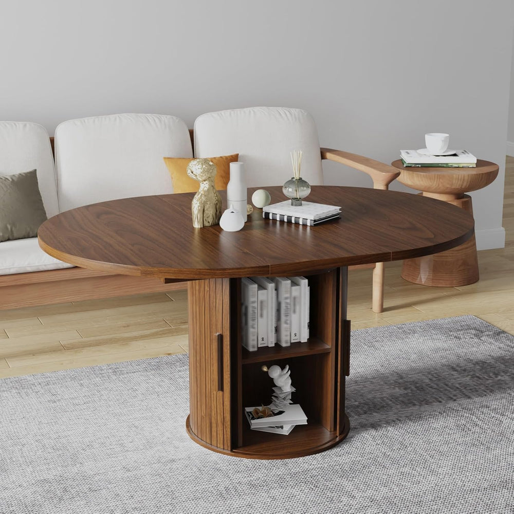 Expandable Dining Table,Round Wooden Kitchen Table,Double Layered Storage Spa...