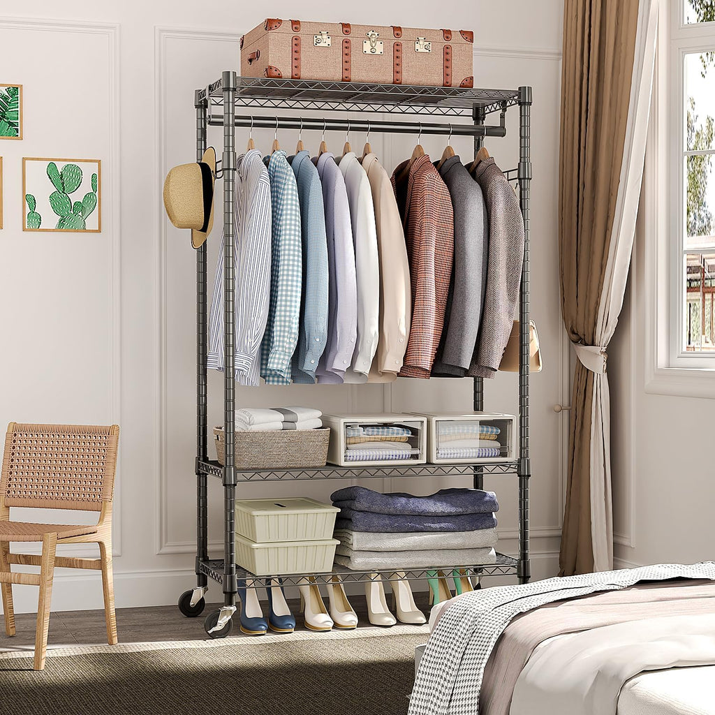 Heavy Duty Rolling Garment Rack 3 Tiers Adjustable Wire Shelving Clothes Rack with Rods and Side Hooks,Storage Closet Clothing Rack with Wheels Black 15.7" D x 29.5" W x 74.5" H