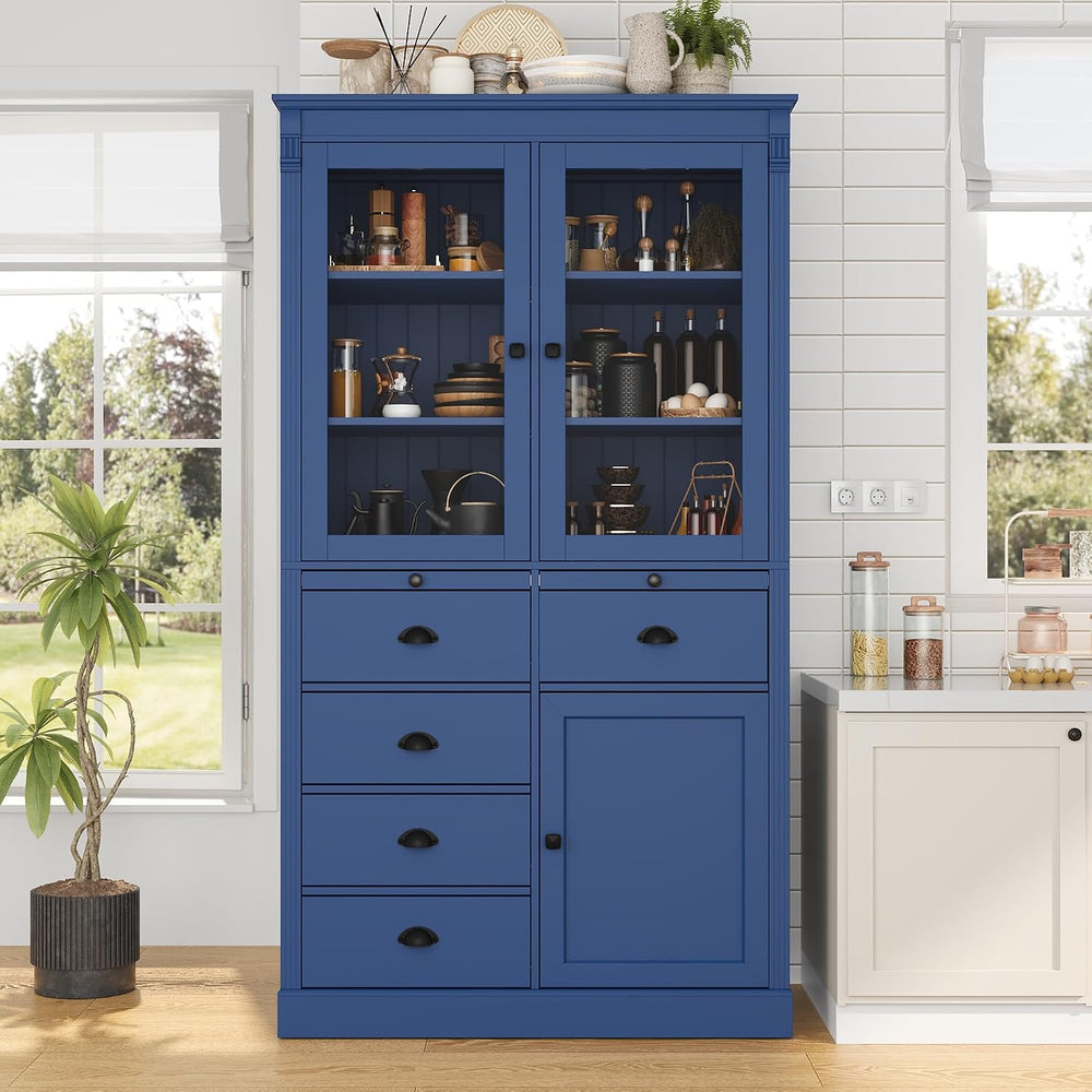 Pantry Stotrage Cabinet with Glass Doors and Serving Trays, Wood Display Cabi...