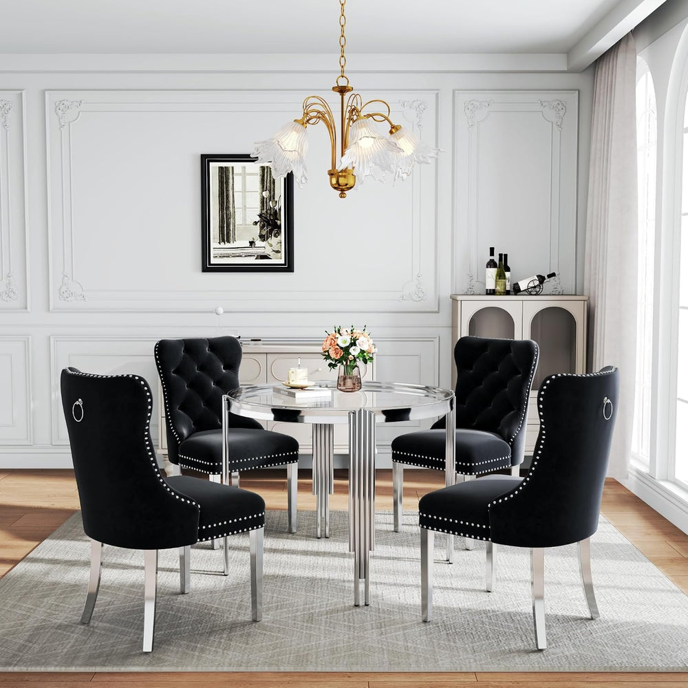 Luxury Round Glass Silver Dining Table Set for 4, 5-Piece Modern Kitchen Tabl...