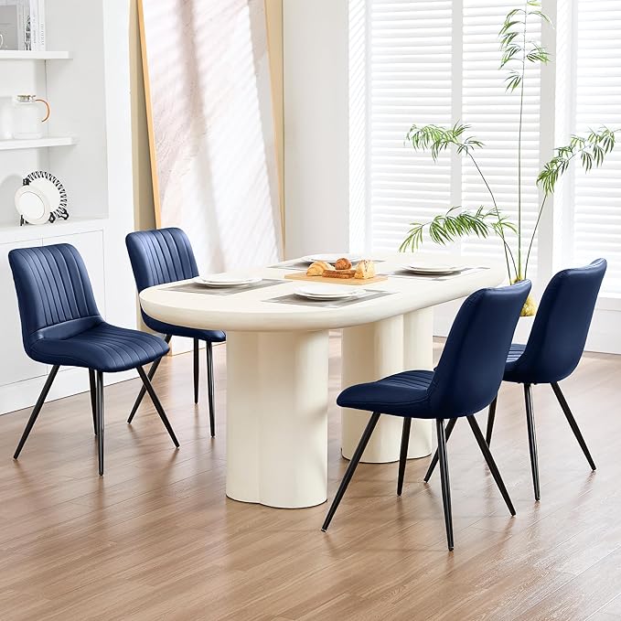 Dining Chairs Set of 4, Modern Dining Chairs with Thick Cushions, PU Leather Upholstered Kitchen Dining Room Chairs with Metal Legs for Dining Living Room (Navy Blue)