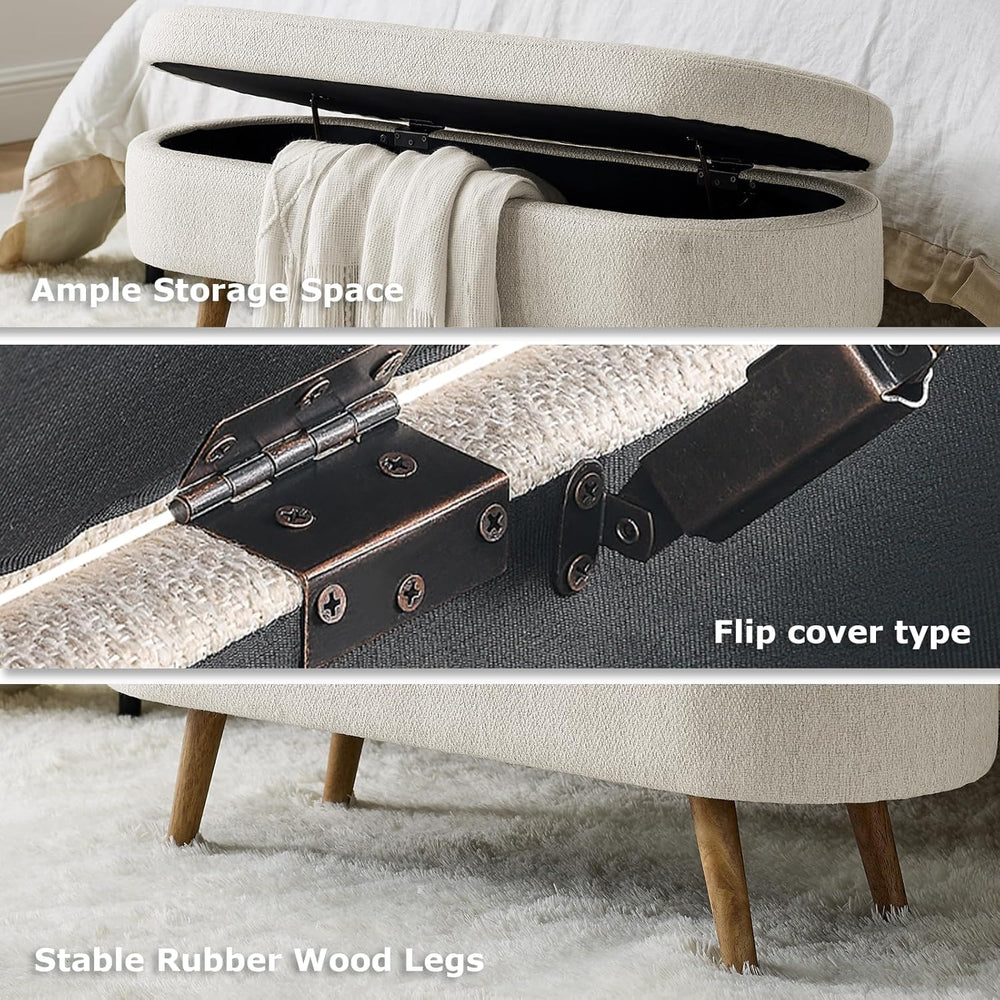 SoarFlash Ottoman Oval Storage Bench Linen Fabric Rubber Wood Legs（Beige）