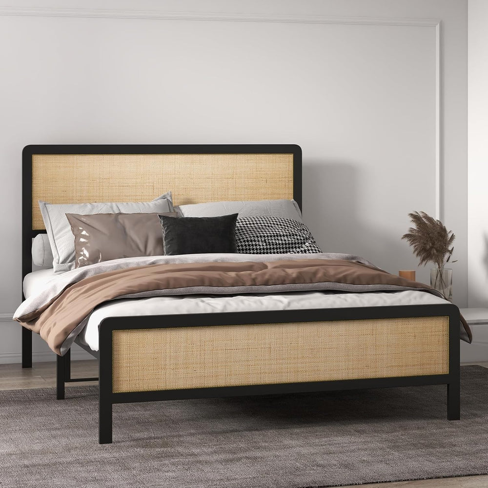 CABIHOME Rattan Queen Size Bed Frame with Natural Cane Headboard, Boho Platfo...