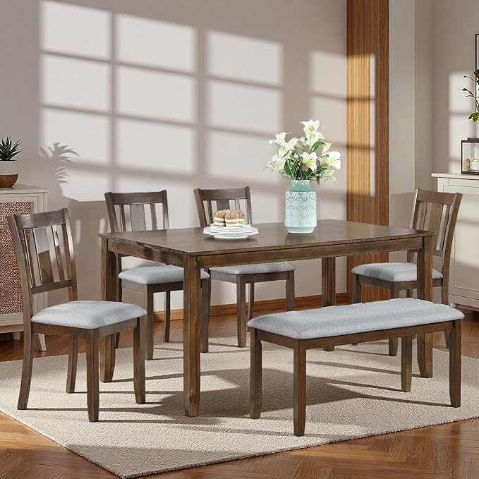 6-Piece Dining Table Set for 6, Counter Height Kitchen Set with Rectangular Wooden Table, Bench & 4 Chairs, Living Room Chairs with Comfortable Seating, Dining Table & Chair for Home, Walnut