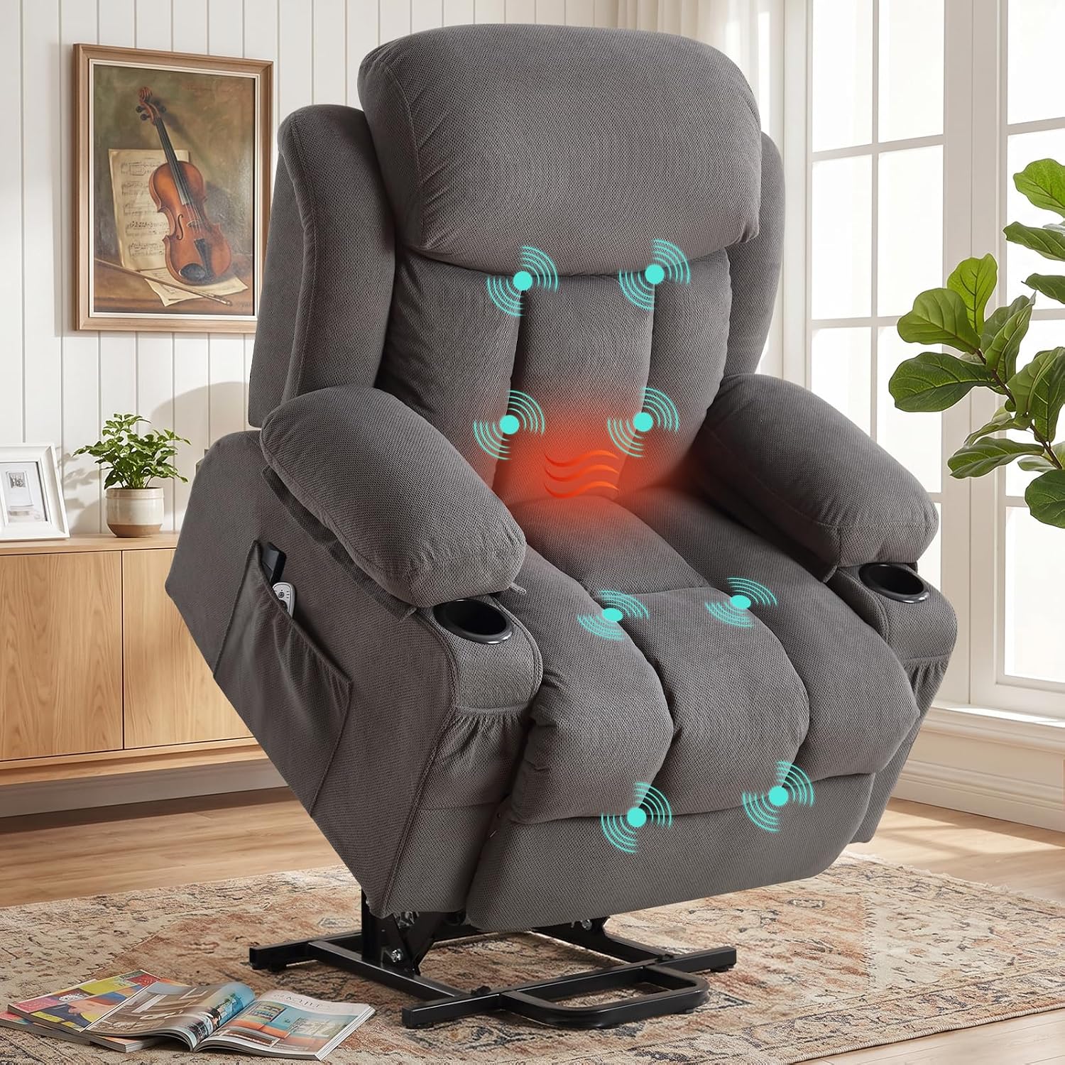 BOSMILLER Electric Power Lift Recliner Chair Sofa with Massage and Heat for Elderly,Lift Chair with Cup Holder & Side Pockets for Living Room