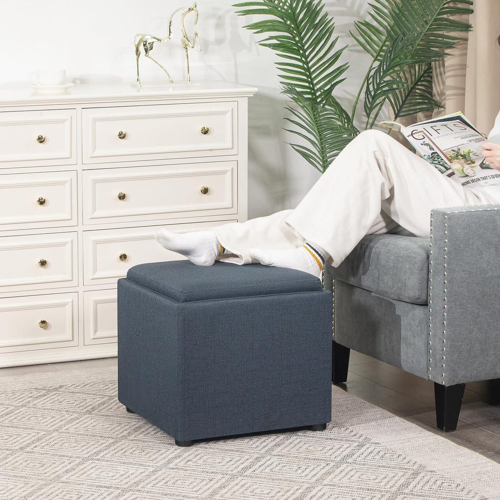 Adeco 17" H Navy Blue Storage Ottoman Cube with Tray Lid, Small Polyester Fabric Footstool with Storage, Square End Table for Living Room & Bedroom
