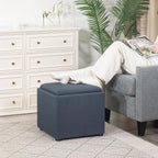 Adeco 17" H Navy Blue Storage Ottoman Cube with Tray Lid, Small Polyester Fabric Footstool with Storage, Square End Table for Living Room & Bedroom