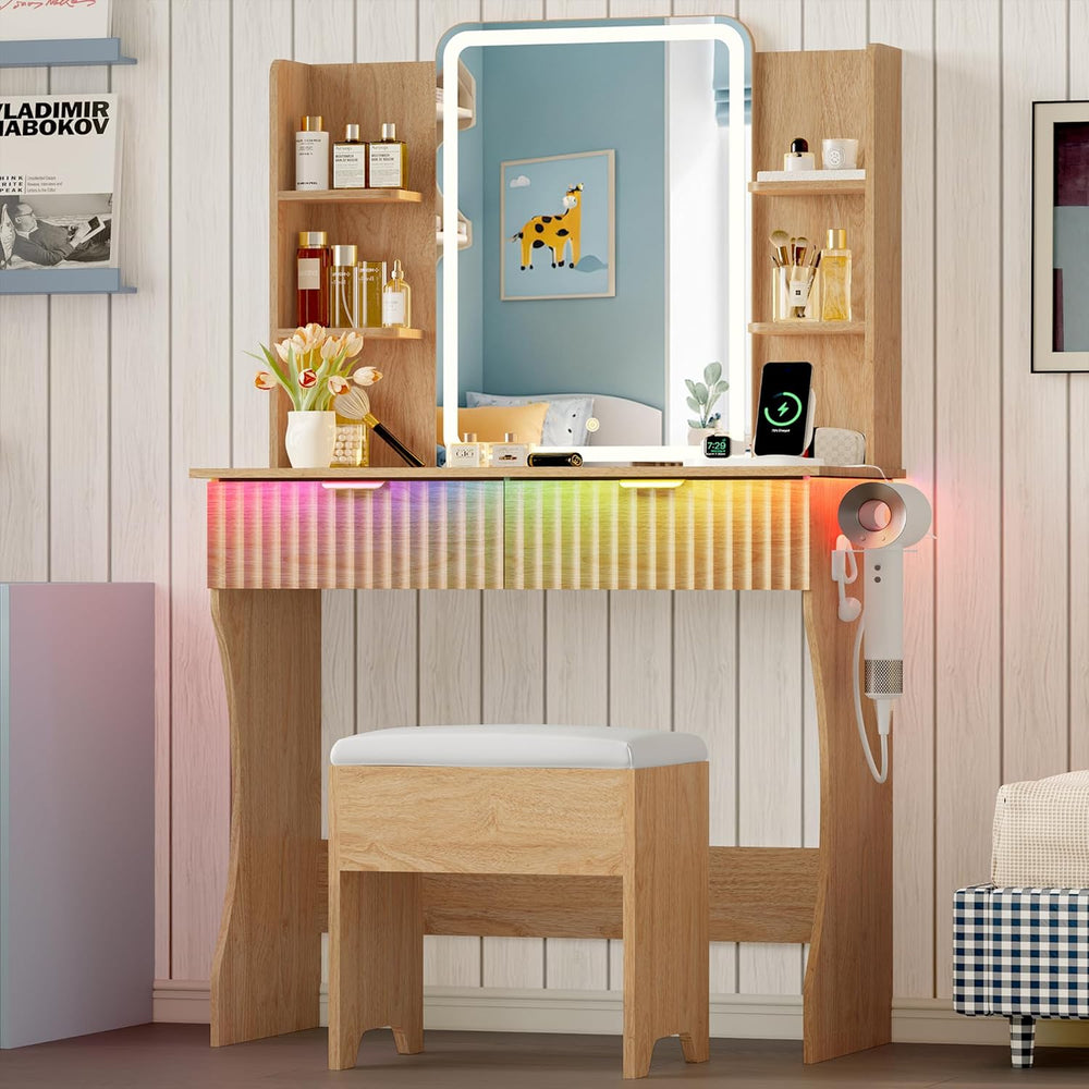 Vanity Desk with LED Lights Mirror & Power Outlet, Small Makeup Vanity Ta...