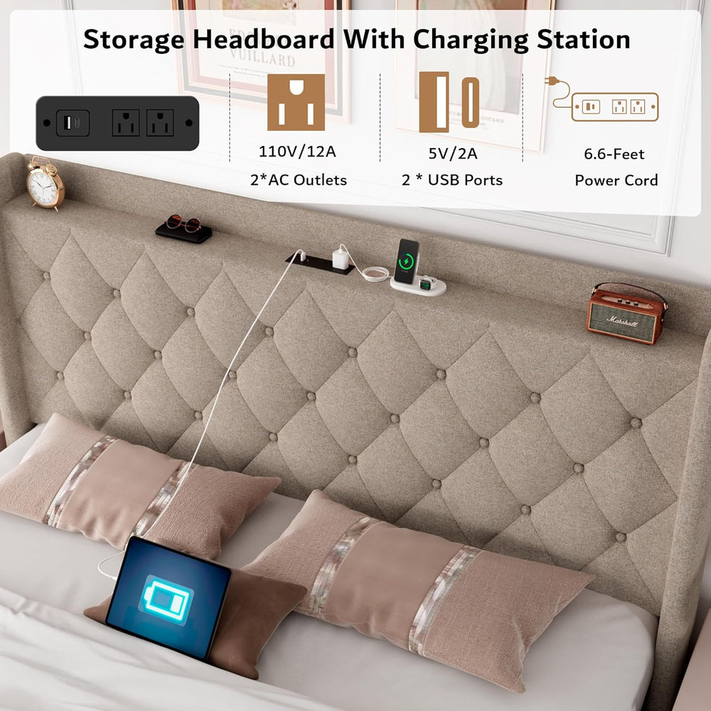 iPormis Queen Size Lift Up Storage Bed Frame with Charging Station, Upholster...