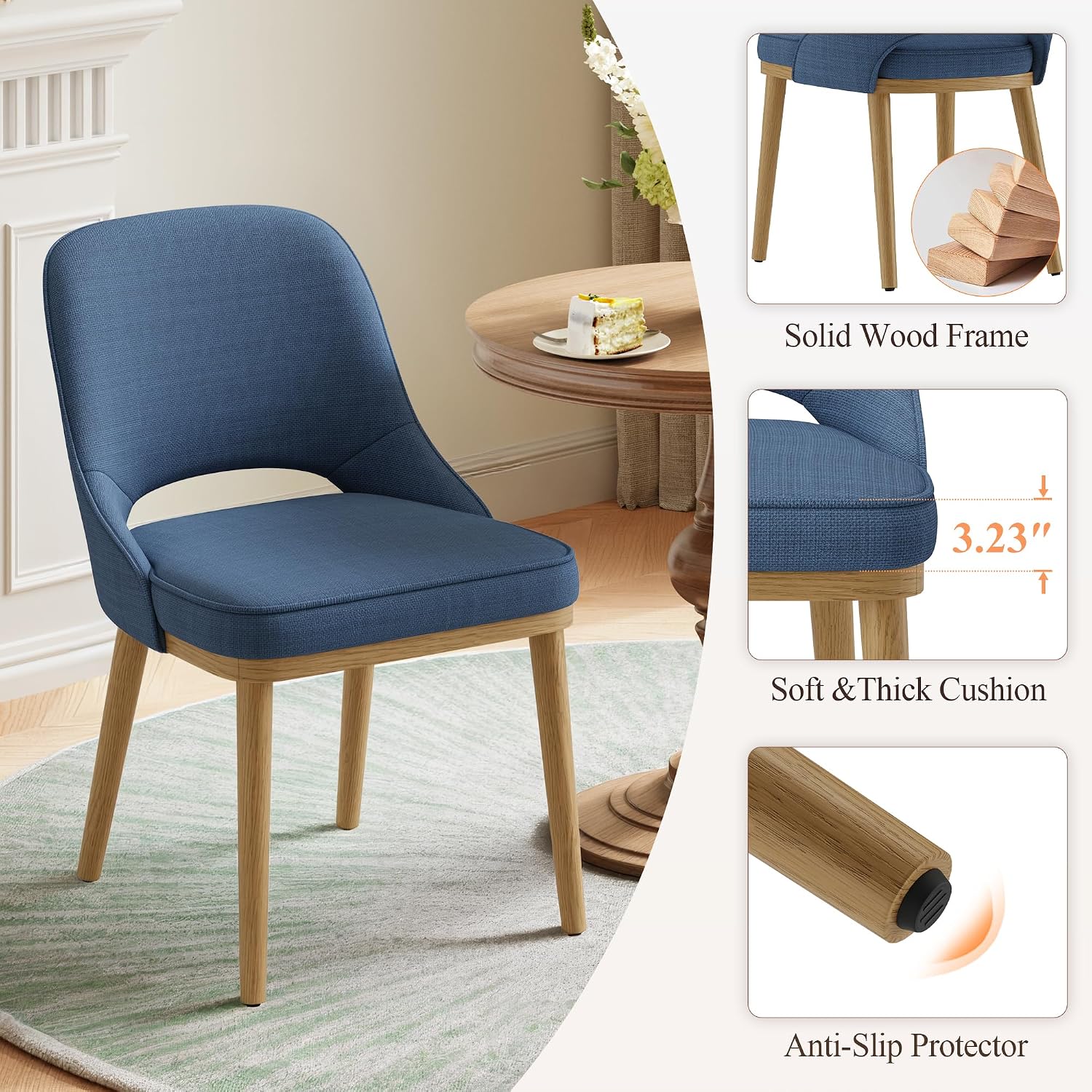MALOL Wooden Dining Chairs Set of 2, Modern Fabric Upholstered Dining Room Chair, Kitchen Side Chairs, Farmhouse Armless Dinner Chair with Open Back for Kitchen, Blue