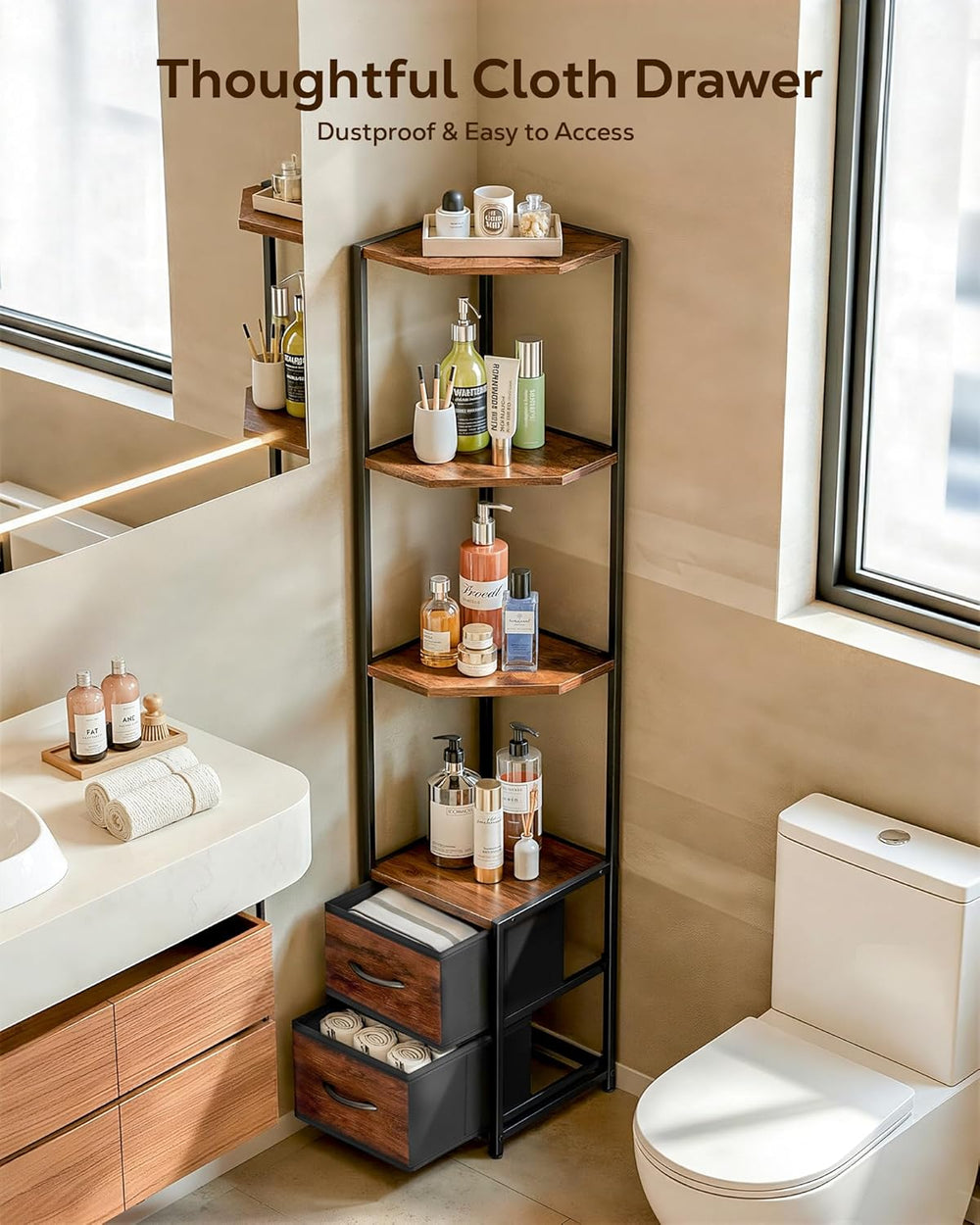 Housolution 6 Tier Corner Shelf Stand with Storage and Fabric Drawers,Brown
