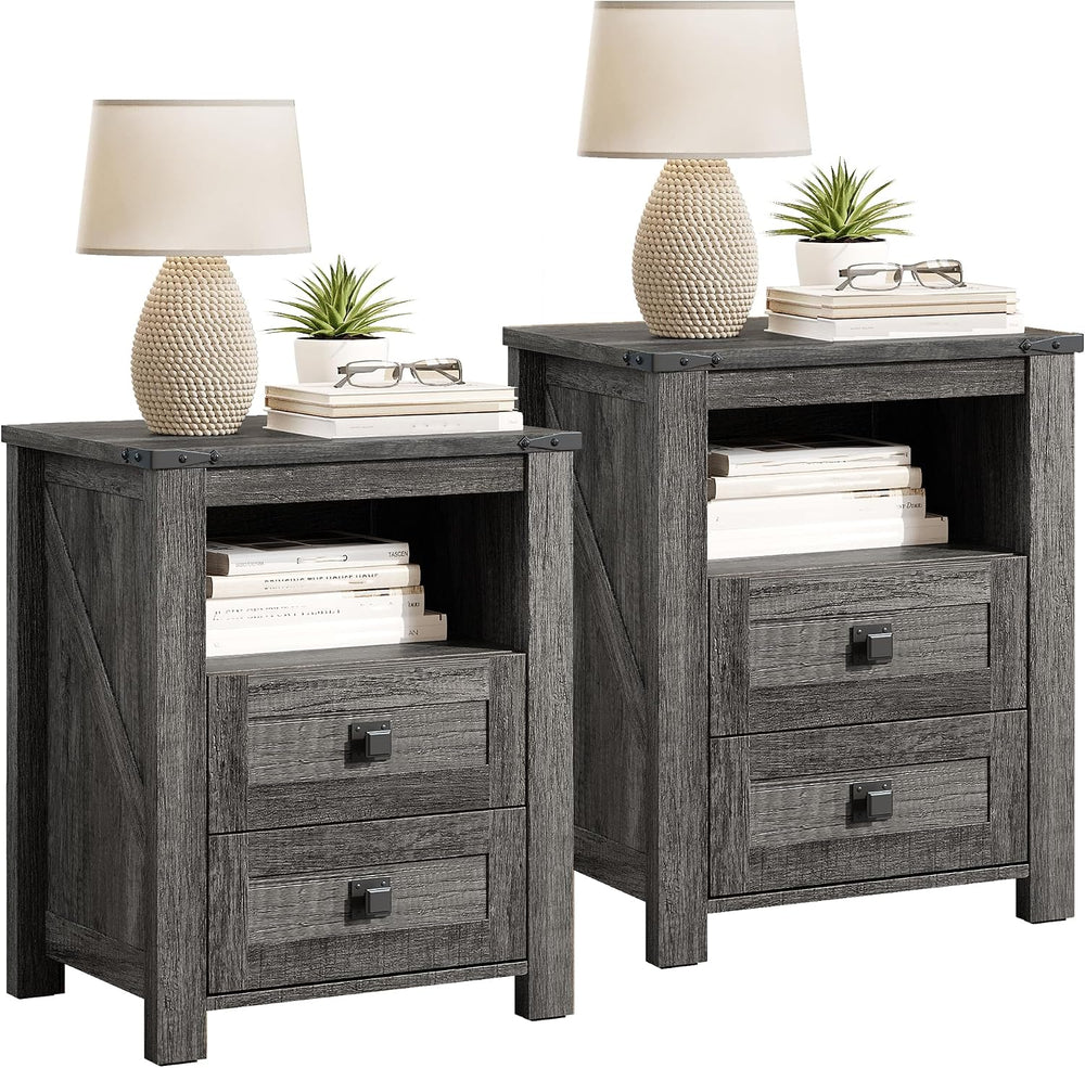 AMERLIFE Farmhouse Wood Nightstand Set of 2, End Table with Drawers, Grey | N...