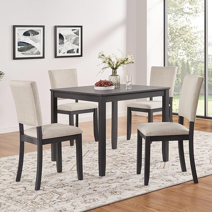 KEIKI 5-Piece Standard Height Dining Table Set with Square Table, 4 Upholstered Curved Backrest Chair, for 4 Person, Modern Style Table Set, Easy Assembly, for Kitchen, Dining Room, Black+Beige