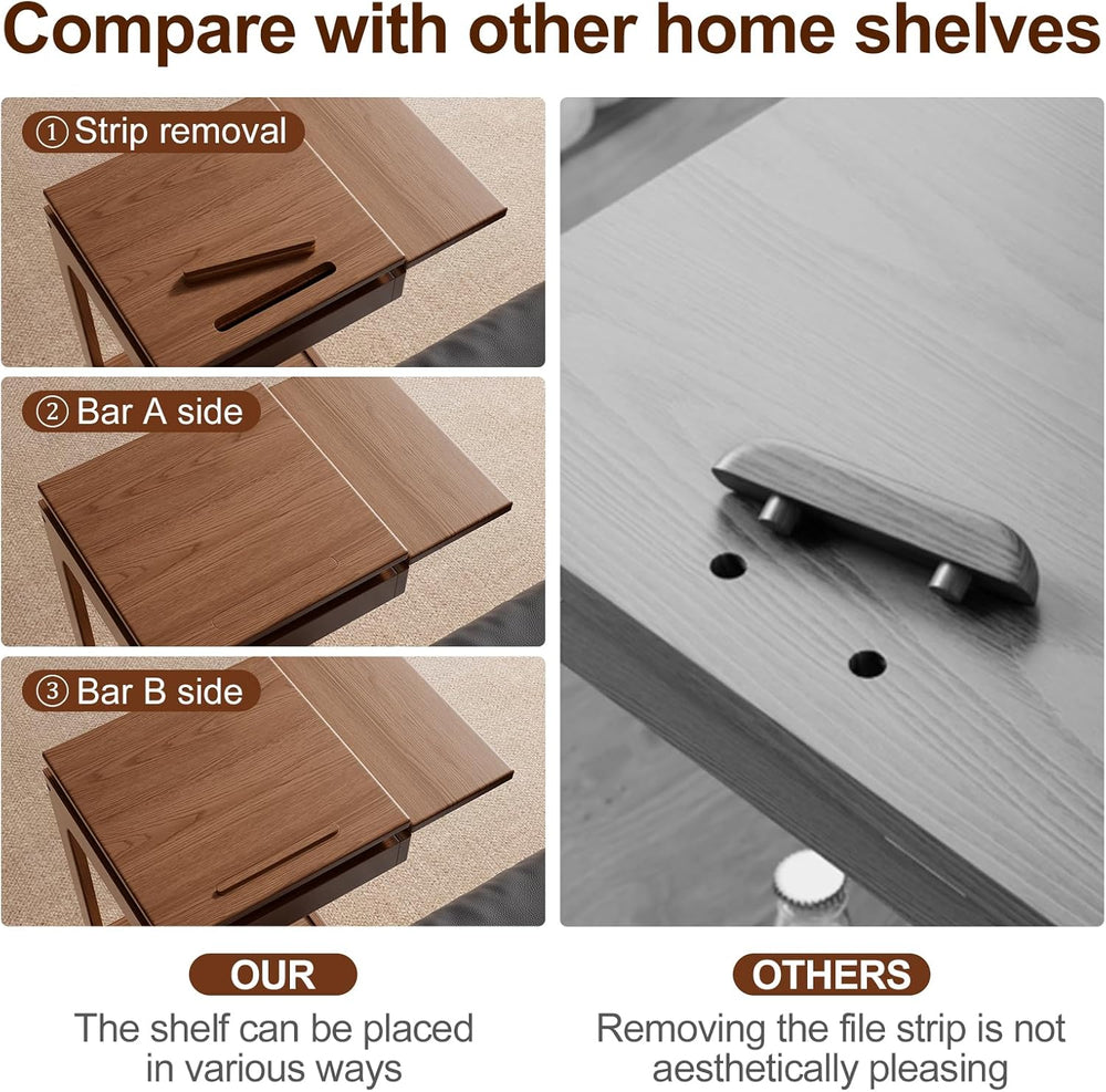 Solid Wood C Shaped End Table for Couch,Walnut C Table with Wheels,Rolling Si...