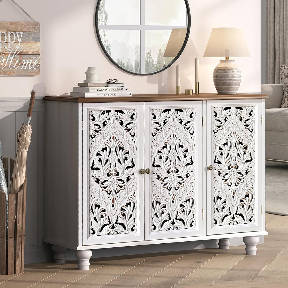 JOINICE Accent Cabinet with 3 Carved Doors,Farmhouse Buffet Cabinet with Stor...