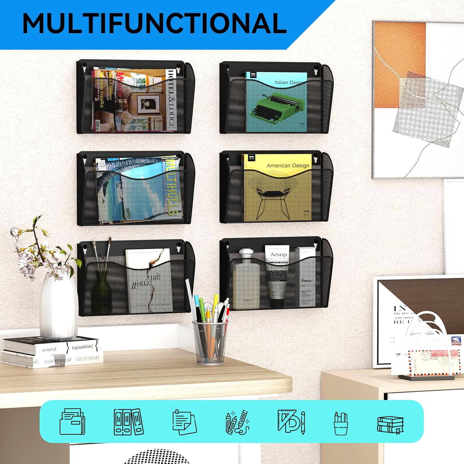 6 Single Pocket Wall File Holder, Mesh Hanging File Folder Paper Organizer, Vertical Wall Mounted Mail Basket, Storage Organization Magazine Rack for Office, Home and School, Black